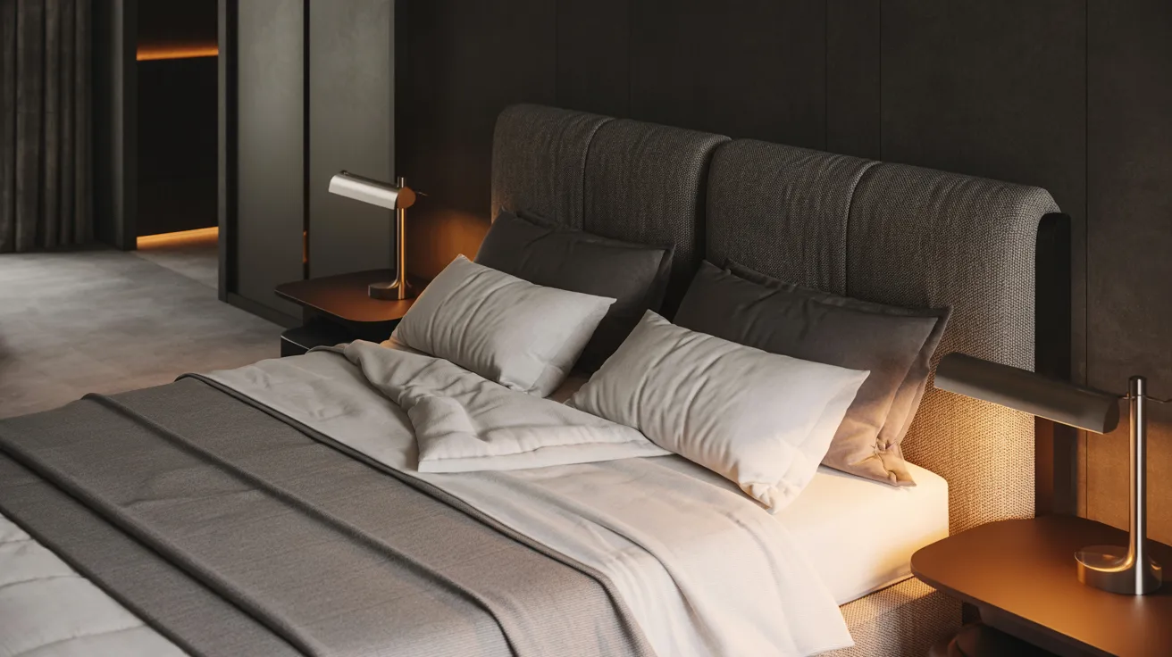 A cozy modern bedroom features a neatly made bed with gray and white bedding, flanked by two sleek bedside lamps. The room exudes warmth and tranquility.