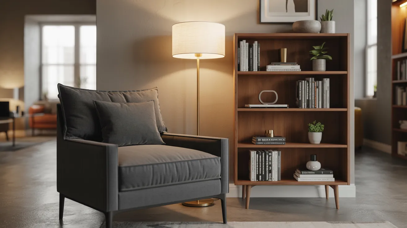 A living room scene showcasing a chair next to a bookcase with various books displayed.