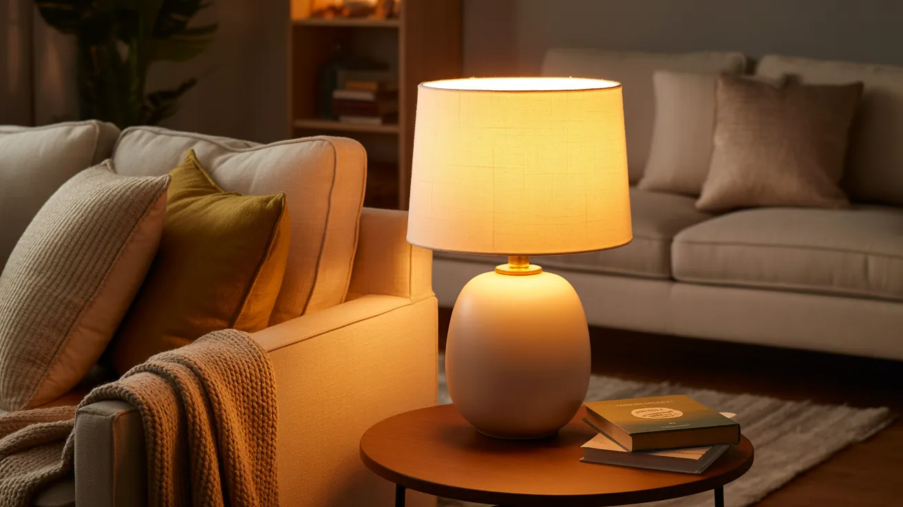 A cozy living room features a glowing table lamp on a round wooden table, next to a cushioned beige sofa with pillows and a knit blanket, conveying warmth.