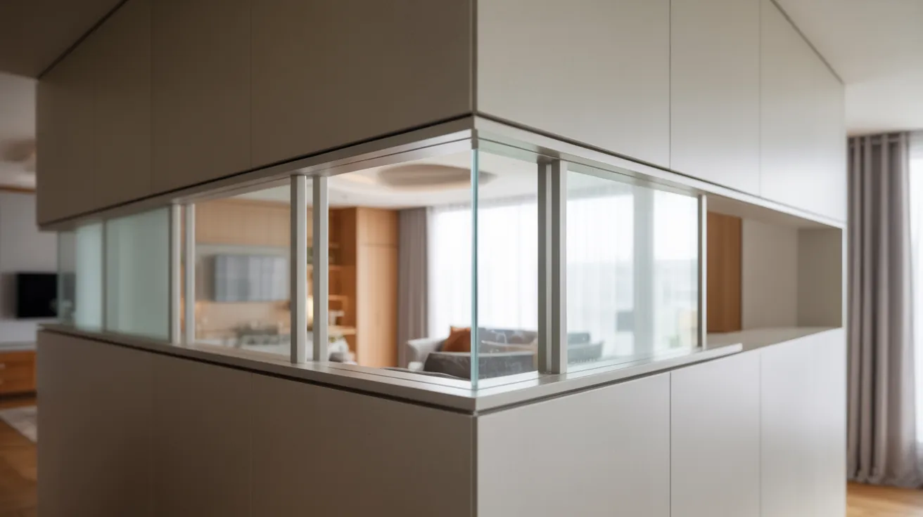 Modern interior with a beige partition featuring a horizontal glass strip, revealing a cozy living room with a sofa and soft natural light filtering through curtains.