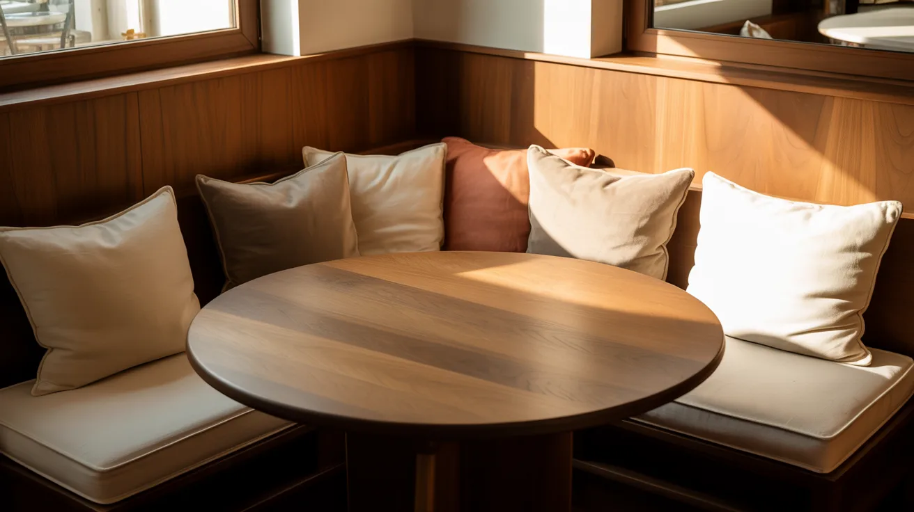 Cozy nook with a round wooden table, surrounded by cushioned bench seating. Soft sunlight illuminates neutral-colored pillows, evoking warmth and comfort.