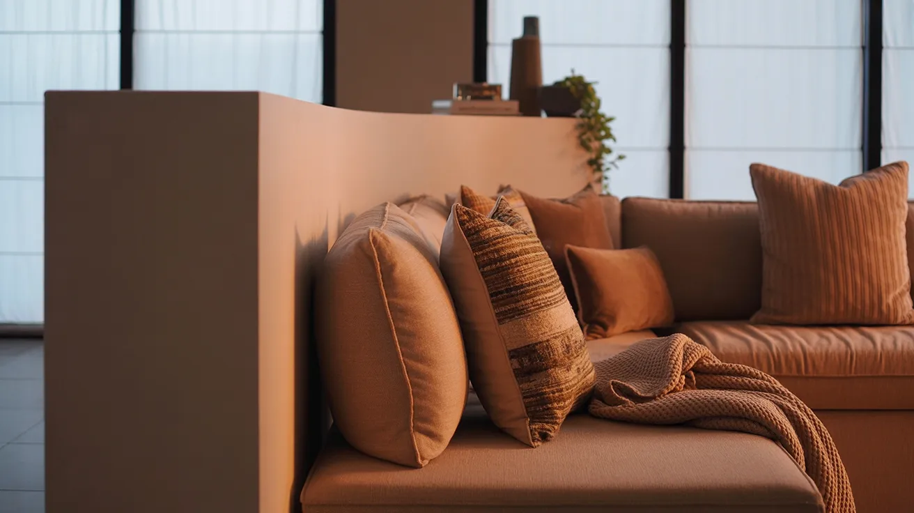 A cozy living room with beige sofas adorned with assorted cushions and a knitted throw. Warm sunlight filters through tall windows, creating a serene ambiance.