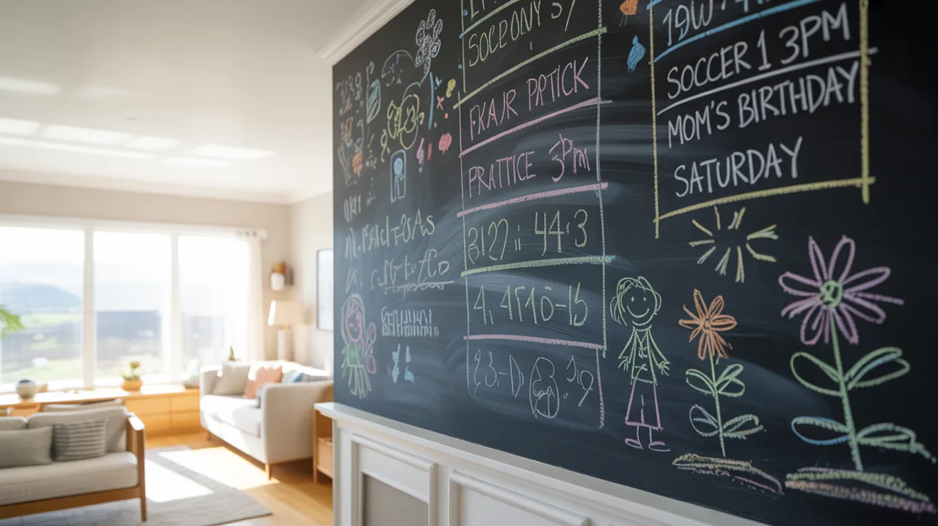 A bright, cozy living room with a large blackboard wall filled with colorful chalk drawings, notes, and schedules, evoking a playful, organized vibe.