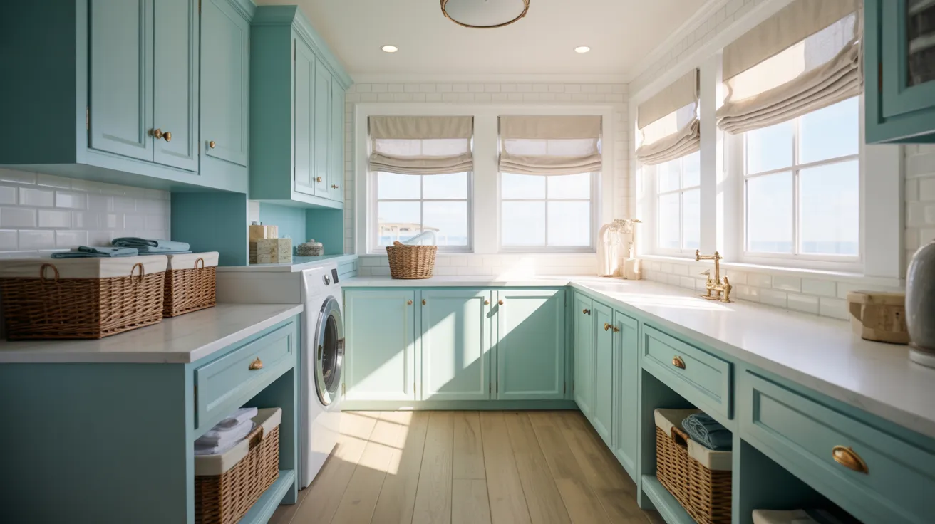Bright laundry room with turquoise cabinets, white countertops, and natural light from large windows. Baskets and decor add a cozy touch.