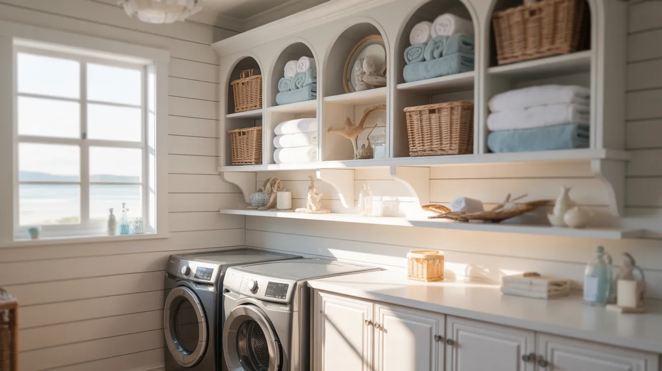 Coastal-themed laundry room with large window, displaying ocean view. Neatly arranged shelves with towels, baskets, and decor create an inviting, airy vibe.