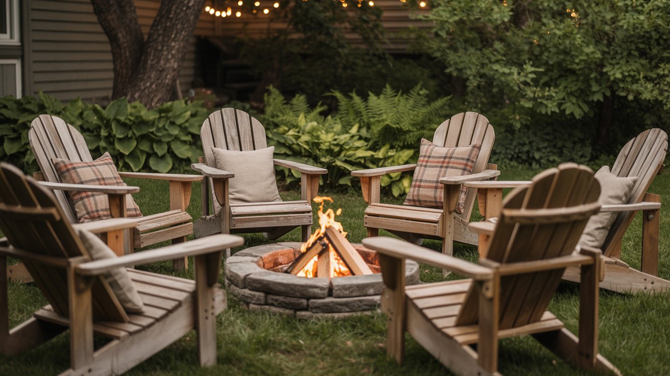 Six wooden Adirondack chairs form a circle around a brightly burning fire pit in a lush backyard. The scene is cozy and inviting, with string lights in the background.