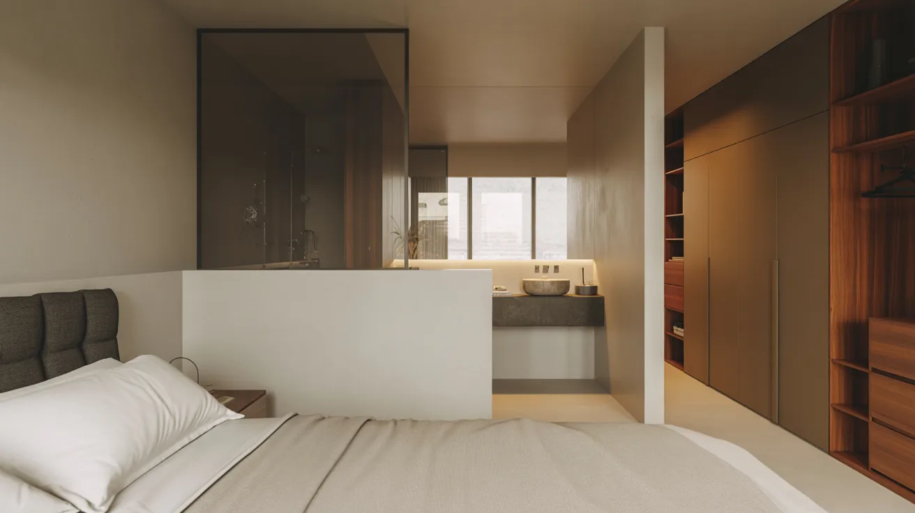 Modern minimalist bedroom with soft lighting. Features a gray cushioned bed, sleek open wardrobe, and an elegant bathroom with glass partition.