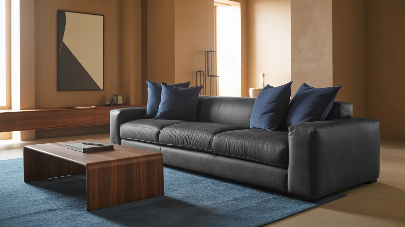 A modern living room featuring a stylish couch, a coffee table, and a lamp, creating a cozy atmosphere.