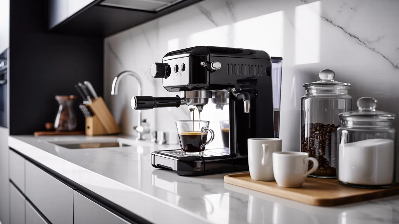 A sleek black espresso machine on a modern kitchen counter brews coffee into a glass cup. Nearby, jars of coffee beans and sugar, and two white mugs add to the cozy ambiance.