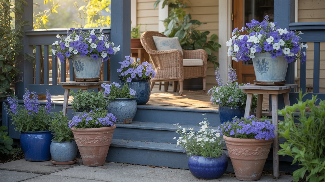 Cozy porch with wicker chair, surrounded by vibrant blue and purple potted flowers on steps; warm, inviting, with soft afternoon light.