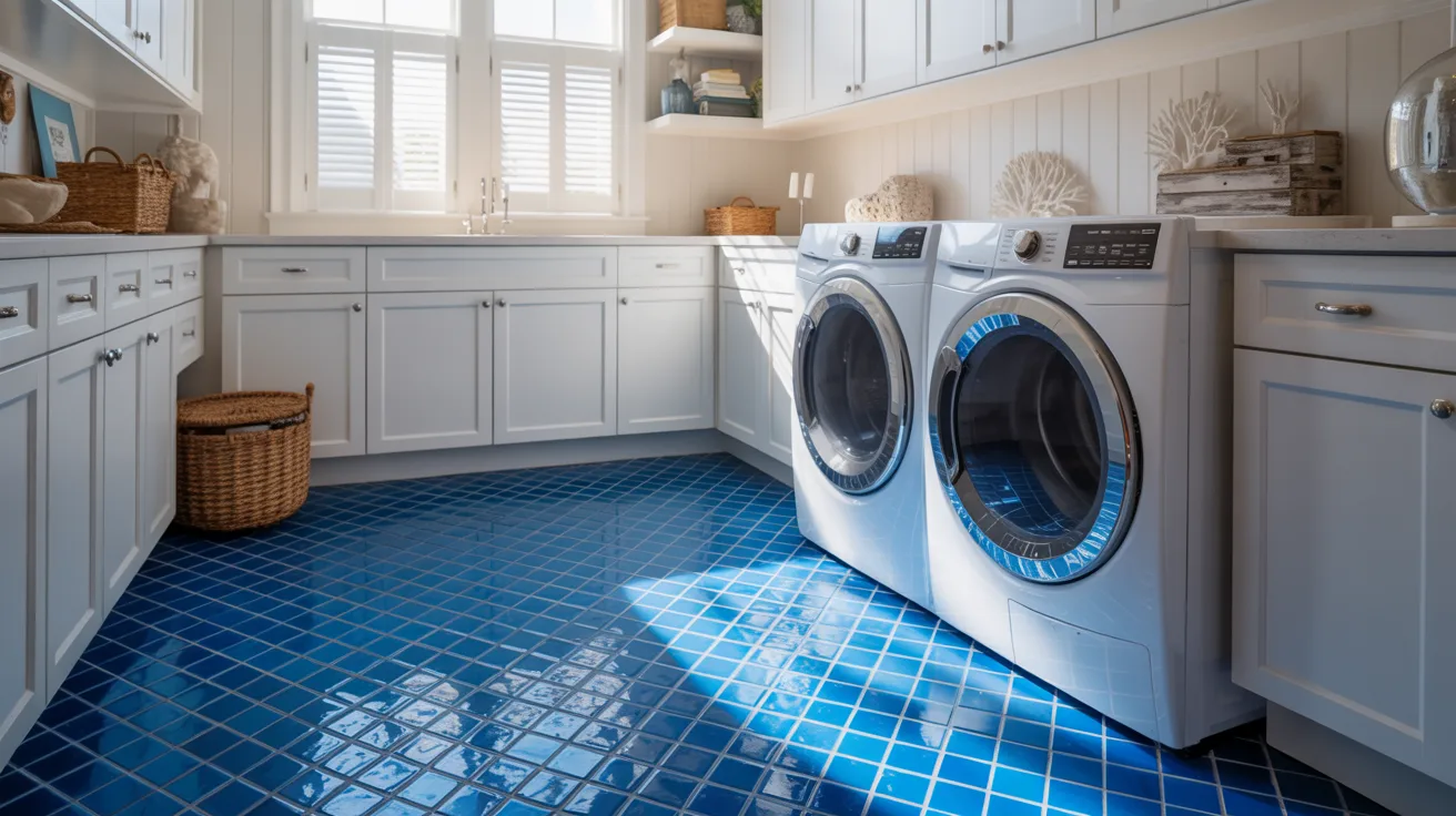 Bright laundry room with white cabinets, a washing machine and dryer, and vibrant blue tiled floor. Sunlight streams in, creating a clean, fresh atmosphere.