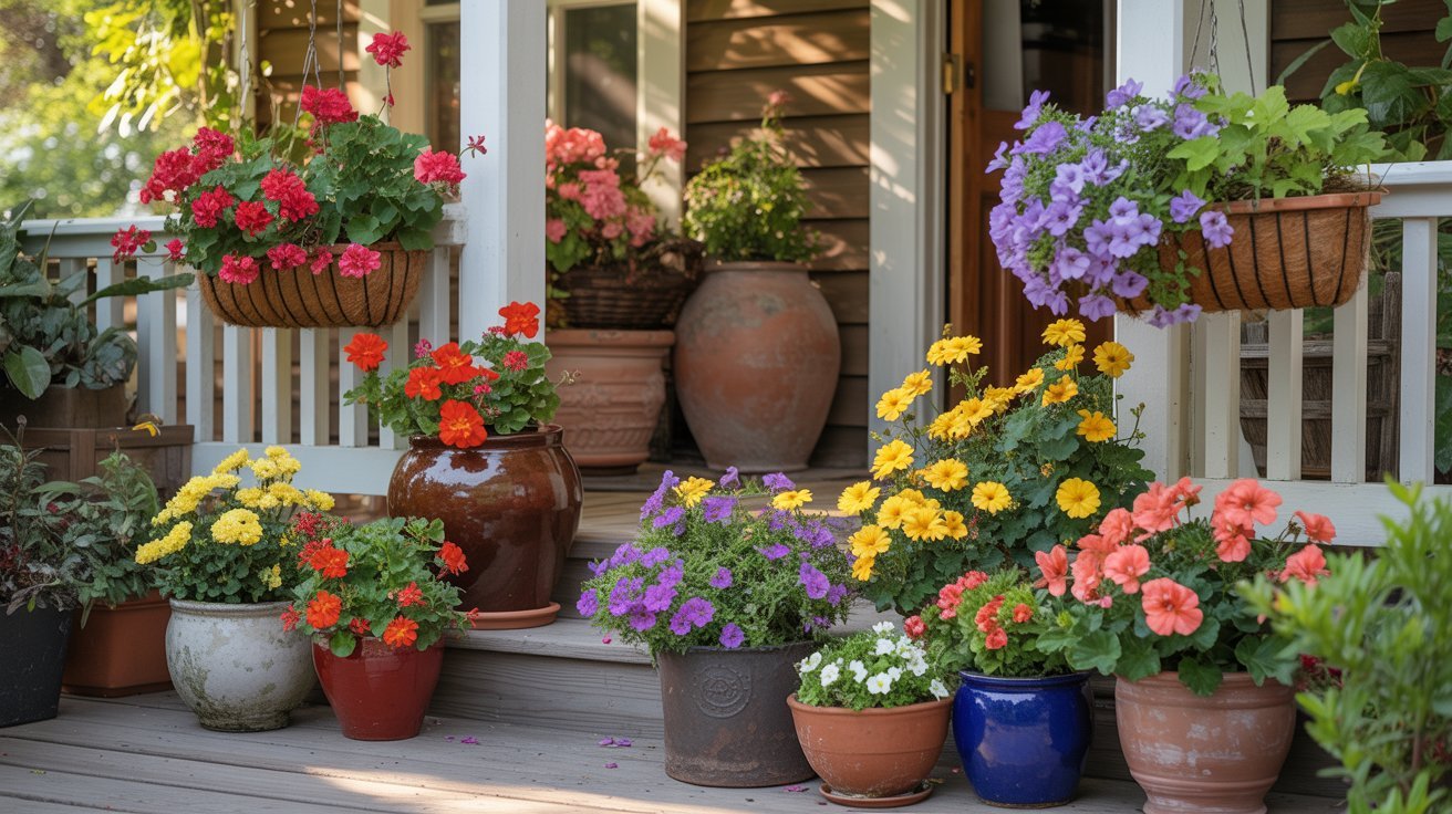 Colorful flowers in assorted pots adorn a wooden porch, with hanging baskets and a variety of blooms creating a vibrant, welcoming atmosphere.