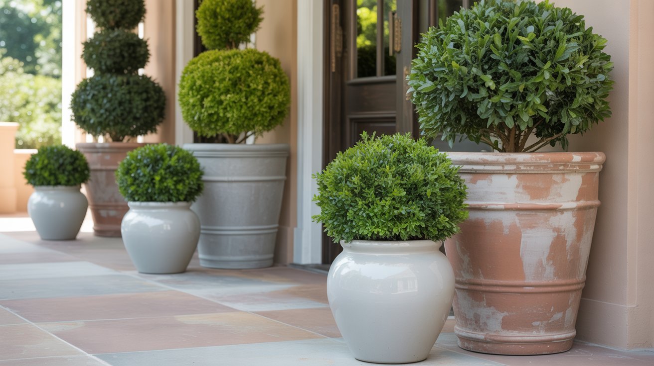 Neatly trimmed topiary bushes in varied ceramic pots line a sunlit patio. The scene evokes elegance and serenity with natural greens and earthy tones.