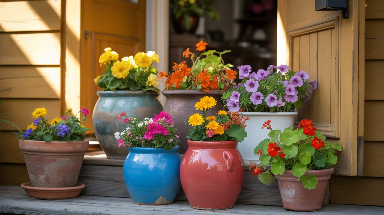 Colorful potted flowers on a wooden porch step, with marigolds, petunias, and geraniums in vibrant pots, conveying a cheerful, lively garden scene.