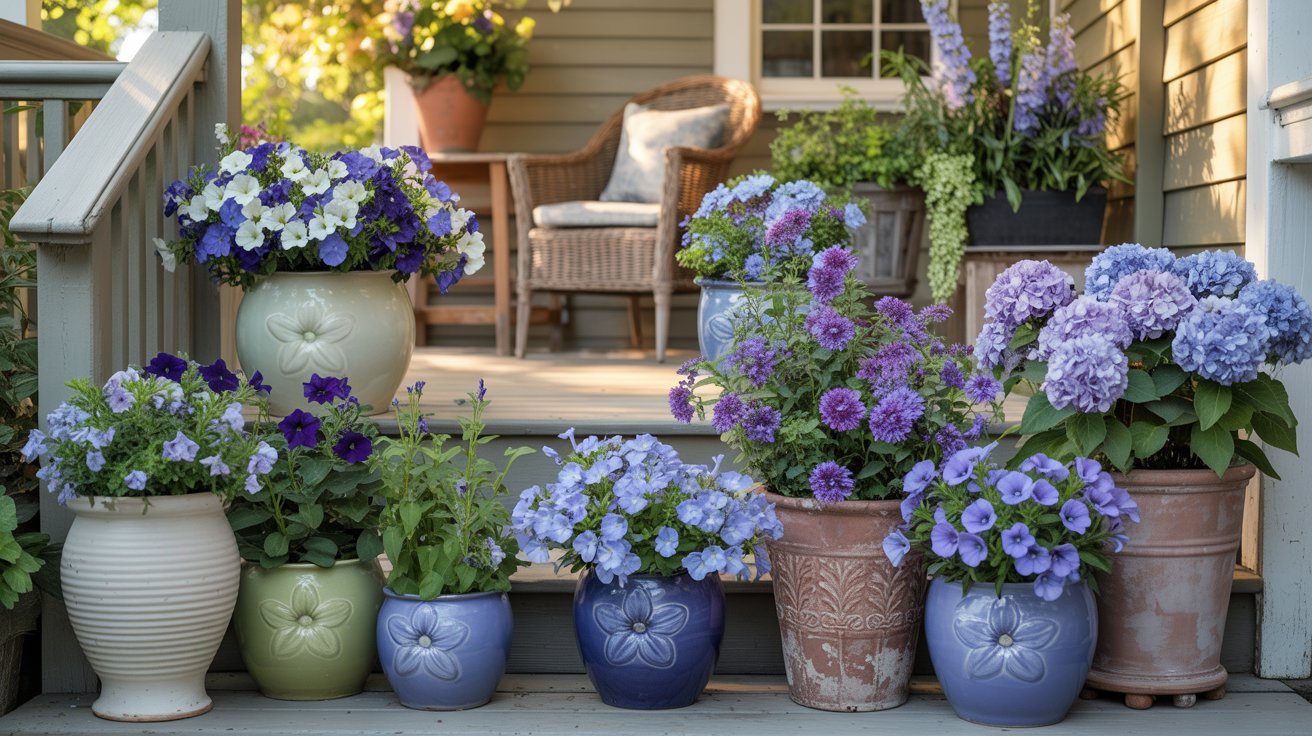 Potted purple, blue, and white flowers on a welcoming porch. A wicker chair with cushions and lush greenery create a serene, inviting atmosphere.