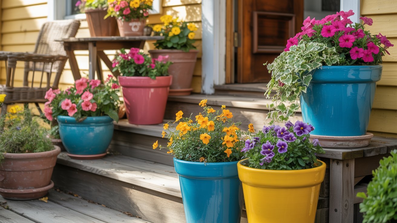 A cozy porch with colorful flower pots on wooden steps. Vibrant blooms in pink, orange, and purple create a cheerful, inviting atmosphere.