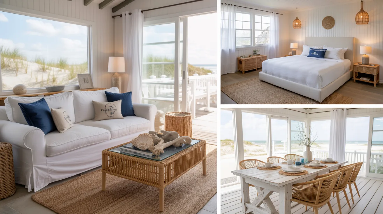 Bright, airy beach house interior with a white sofa and blue pillows, a wicker coffee table, and a cozy bedroom. Large windows showcase dune views.