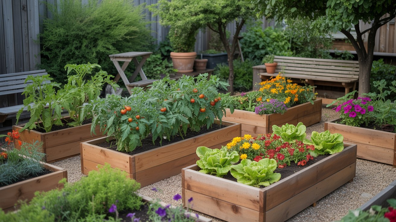 A lush vegetable garden with raised wooden beds filled with tomatoes, lettuce, and vibrant flowers. A bench and table sit in the background, evoking tranquility.