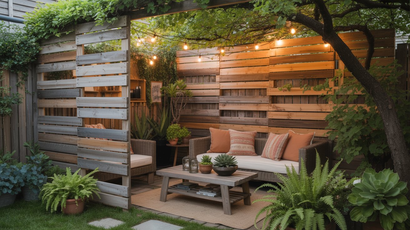 Cozy patio with a wooden slat wall and vine-covered pergola. Features a wicker sofa, orange pillows, potted plants, and warm string lights.