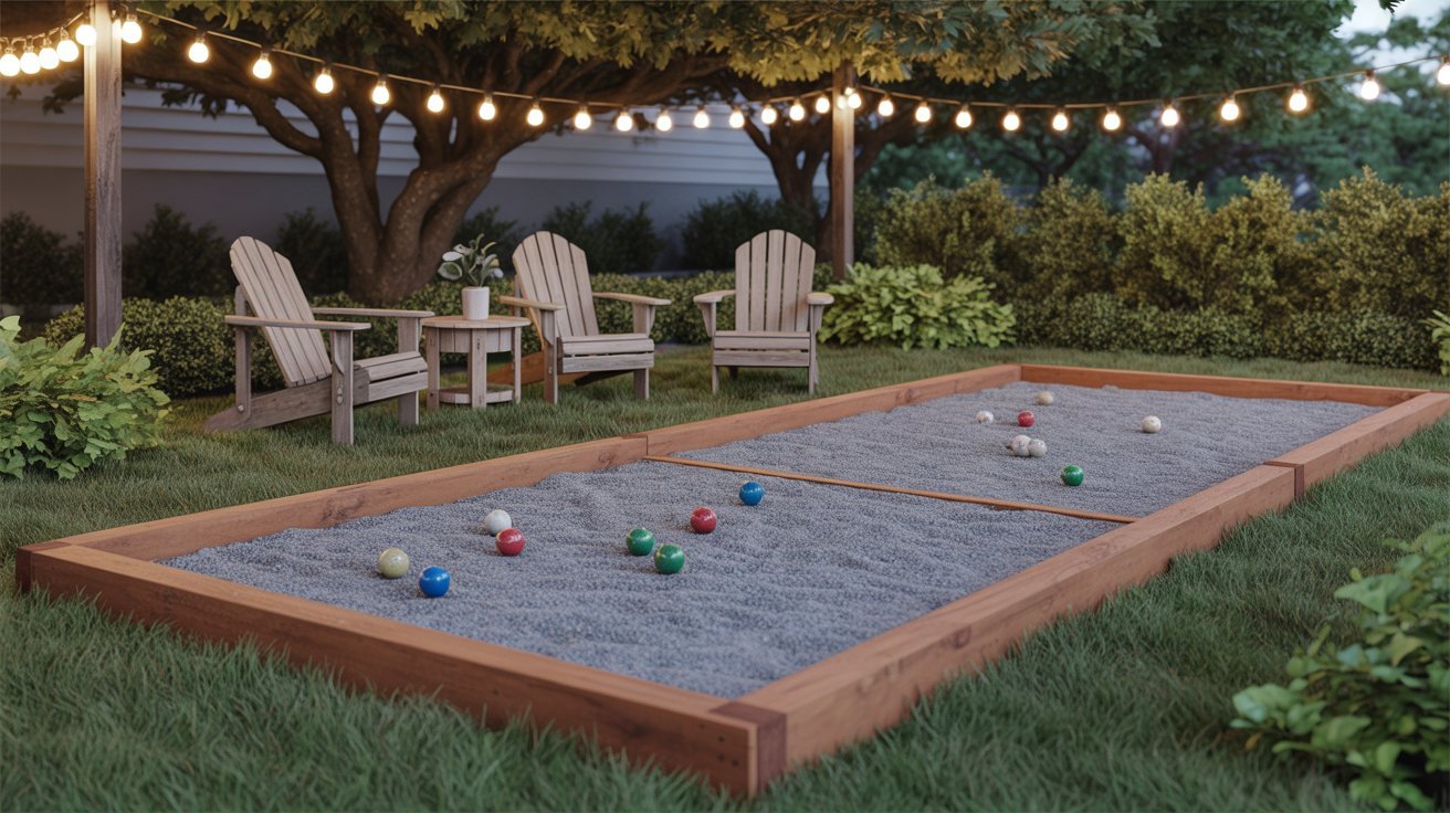 A cozy backyard bocce ball court surrounded by lush greenery and string lights. Adirondack chairs and a table set a relaxed evening atmosphere.
