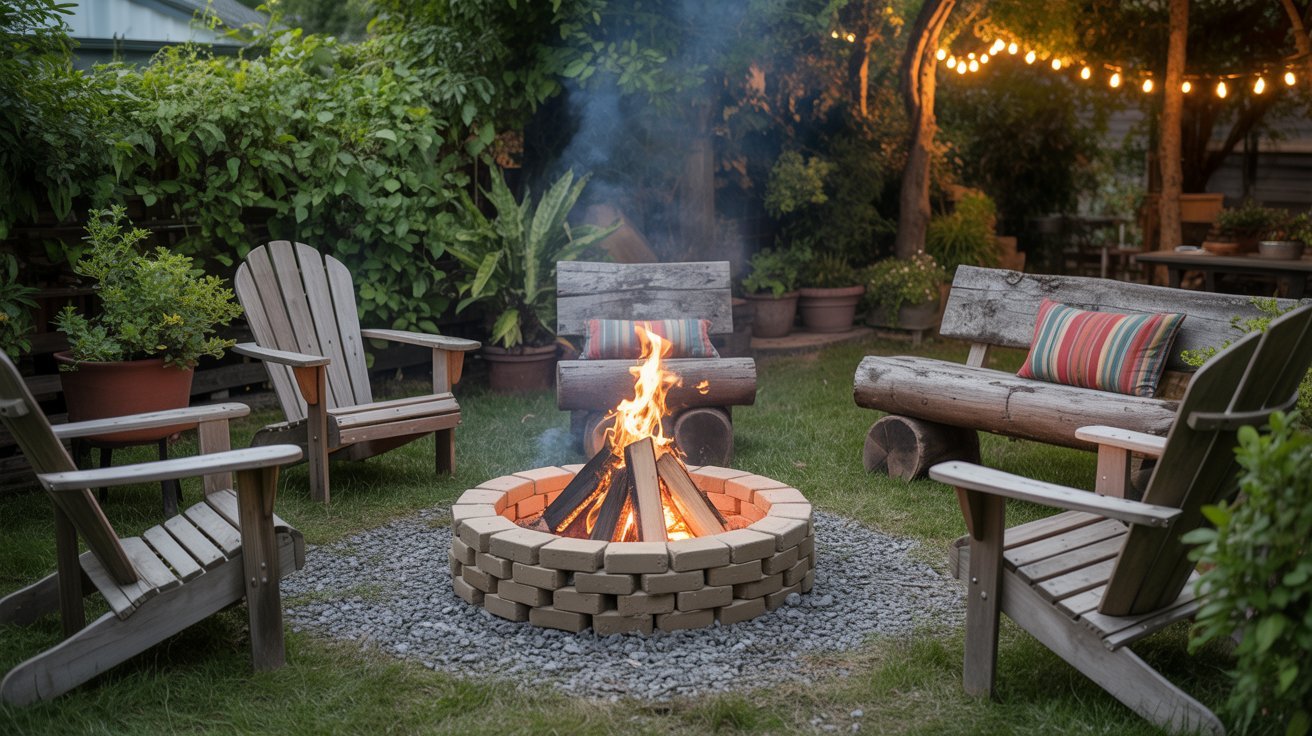 Cozy backyard scene with a lit fire pit surrounded by wooden chairs and benches on a grassy area. String lights and lush greenery create a warm ambiance.