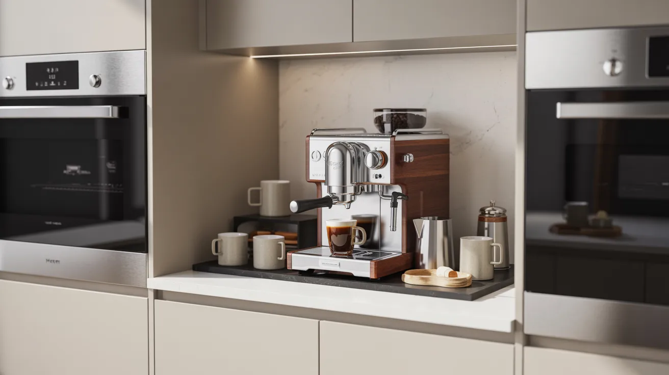 A stainless steel espresso machine on a kitchen counter brews coffee into a glass. Surrounded by cups and a milk frother, the scene feels cozy and inviting.