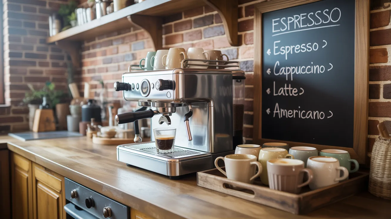 Coffee machine on a kitchen counter beside a chalkboard with handwritten notes and recipes.