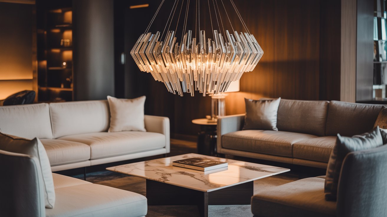 A modern, elegant living room features beige sofas around a marble coffee table. A geometric chandelier hangs overhead, casting a warm glow.
