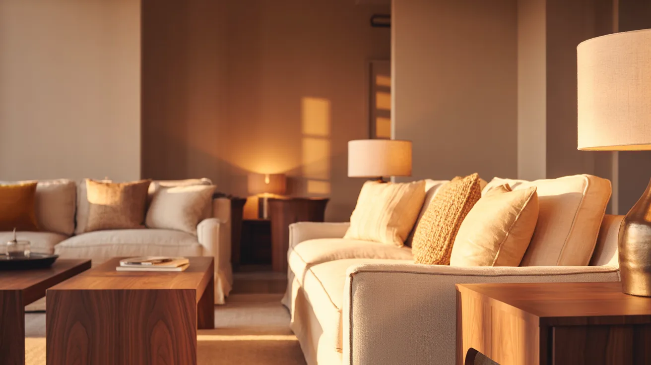 Warm and cozy living room with beige sofas and assorted cushions, wooden coffee tables, and soft ambient light from table lamps creating a tranquil atmosphere.