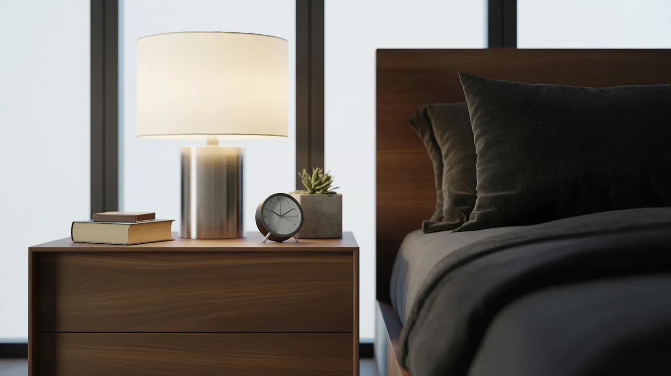 A cozy bedroom scene with a wooden nightstand holding books, a small clock, and a plant beside a lit lamp. A bed with dark bedding is partially visible.