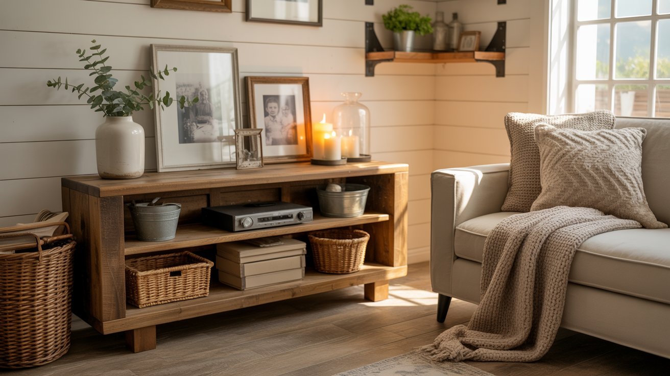 A cozy living room features a wooden console with framed photos, candles, and plants. A beige sofa with a knitted blanket and pillows is bathed in sunlight.