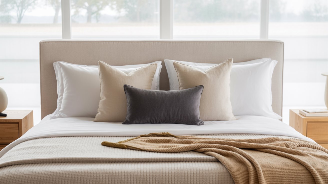 A cozy, neatly-made bed with a beige headboard, flanked by light wood nightstands. White, beige, and gray pillows add elegance and warmth, highlighted by natural light from large windows, creating a serene atmosphere.