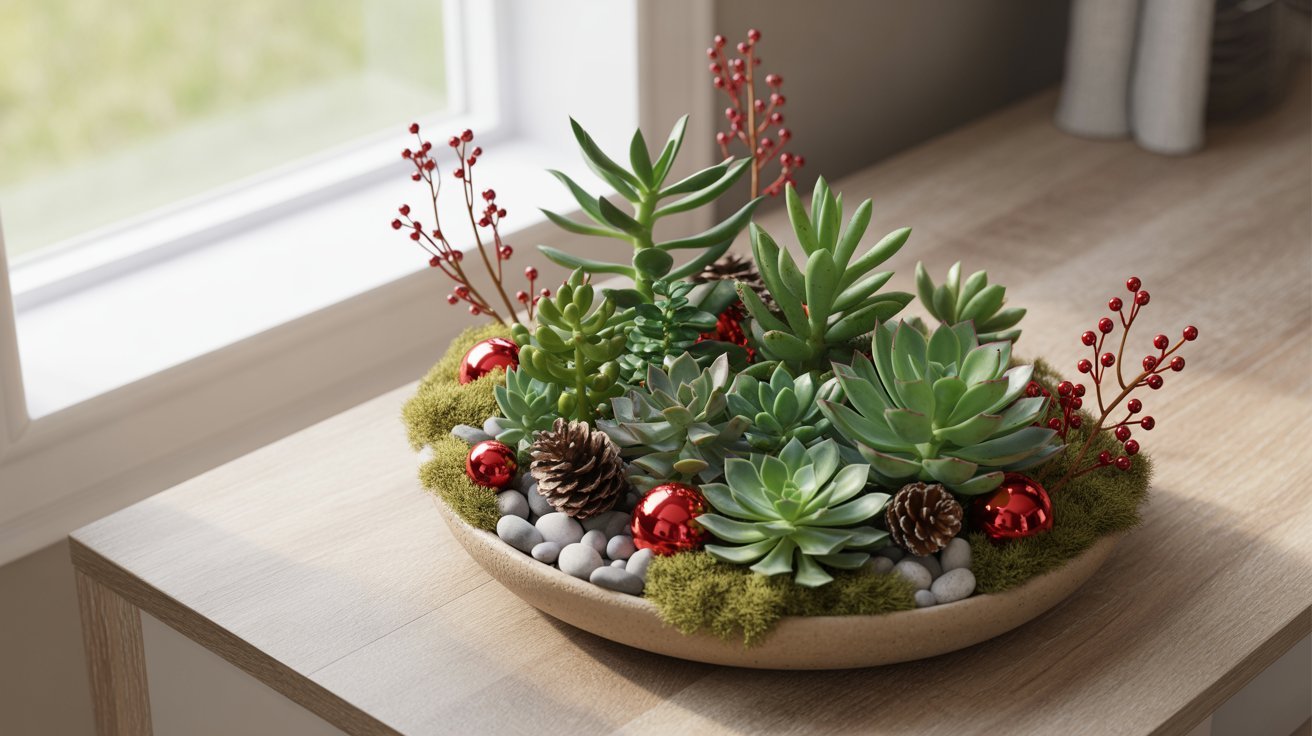 A decorative bowl with green succulents, pinecones, red berries, and shiny red ornaments sits on a wooden table by a window, conveying a festive feel.