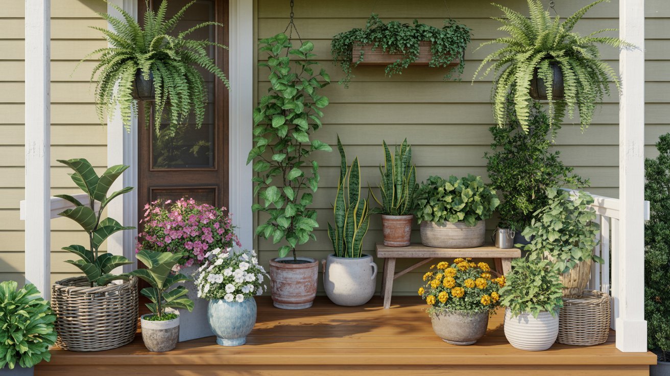 A cozy front porch decorated with various potted plants, including ferns, flowers, and leafy greens, creating a lush and inviting atmosphere.