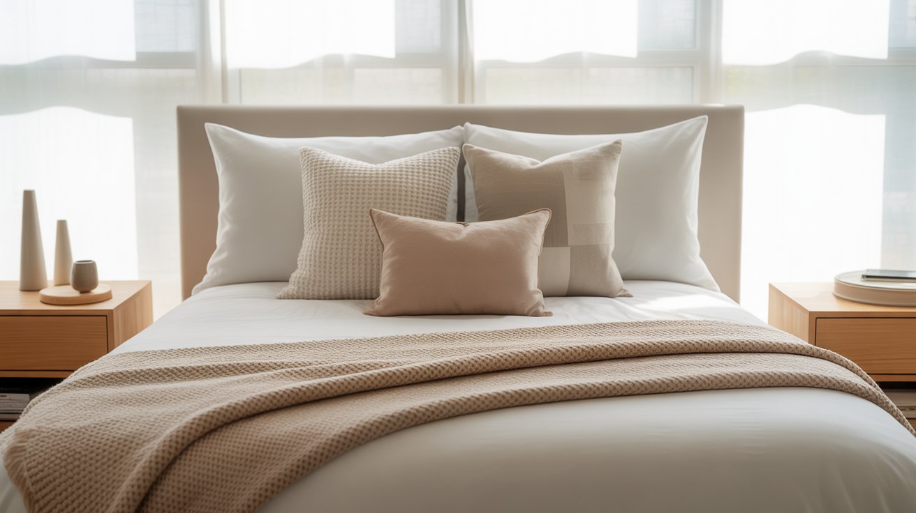 A neatly made bed with beige and white pillows and a matching blanket, flanked by wooden nightstands, conveys a calm and cozy atmosphere.