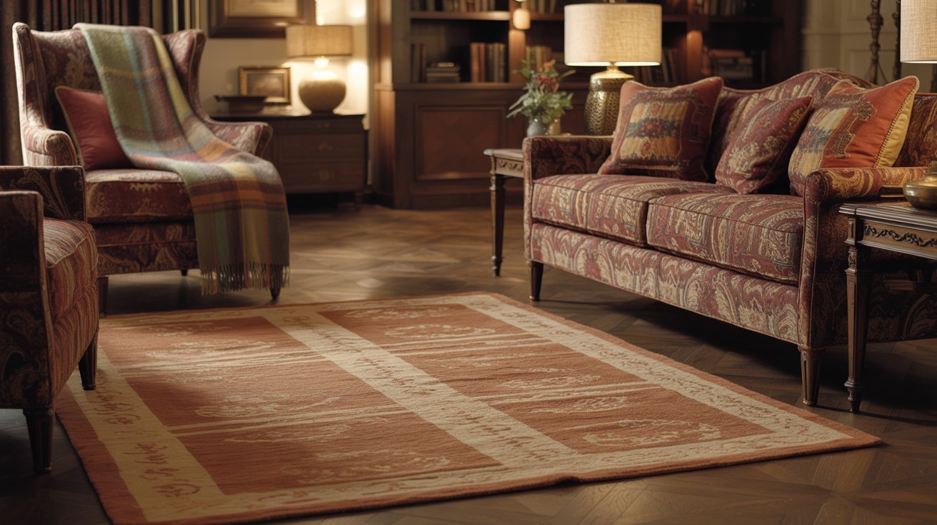 Cozy living room with an ornate rug, patterned sofas, and an armchair with a plaid throw. Warm lighting from lamps creates an inviting, elegant ambiance.