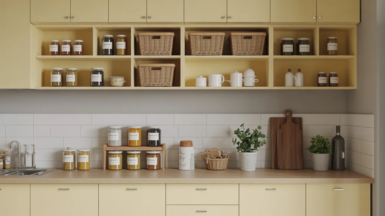 A tidy kitchen showcases yellow cabinets, neatly arranged jars, wicker baskets, and potted plants. The ambiance is warm and organized, with a minimalist feel.