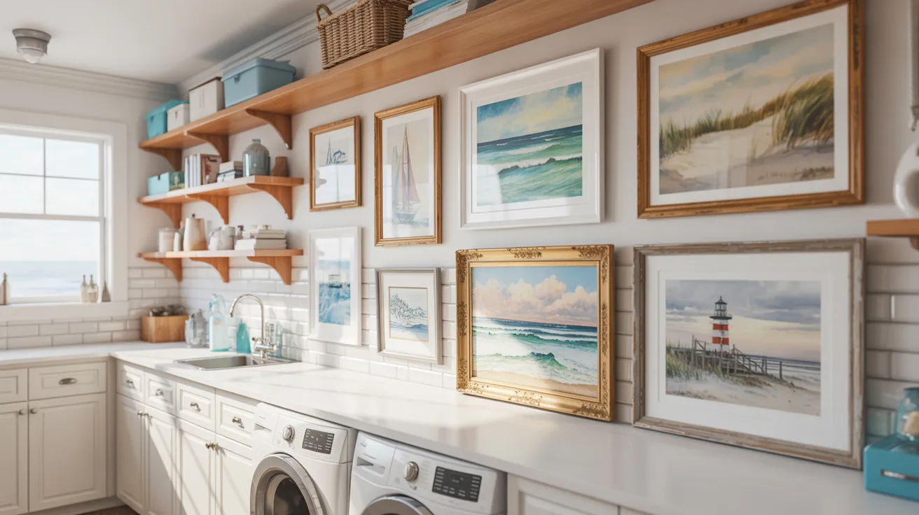 A bright, coastal-themed laundry room features a row of washers and dryers, white cabinetry, blue accents, and framed ocean paintings. The atmosphere is serene.