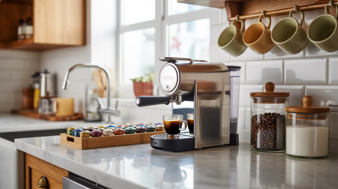 A sleek espresso machine sits on a marble kitchen counter, next to colorful coffee pods and jars of beans. Mugs hang above, evoking warmth and coziness.