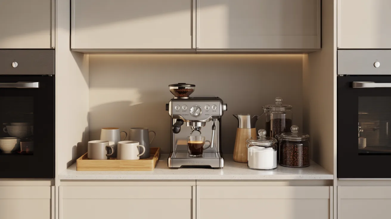 A kitchen featuring a coffee maker and a coffee pot on the countertop, with warm lighting and wooden cabinets.