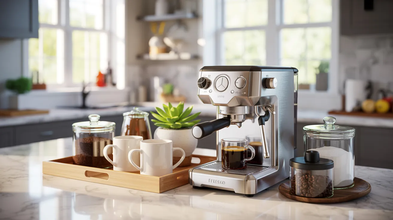 A coffee maker on a counter surrounded by cups and freshly brewed coffee, ready for serving.
