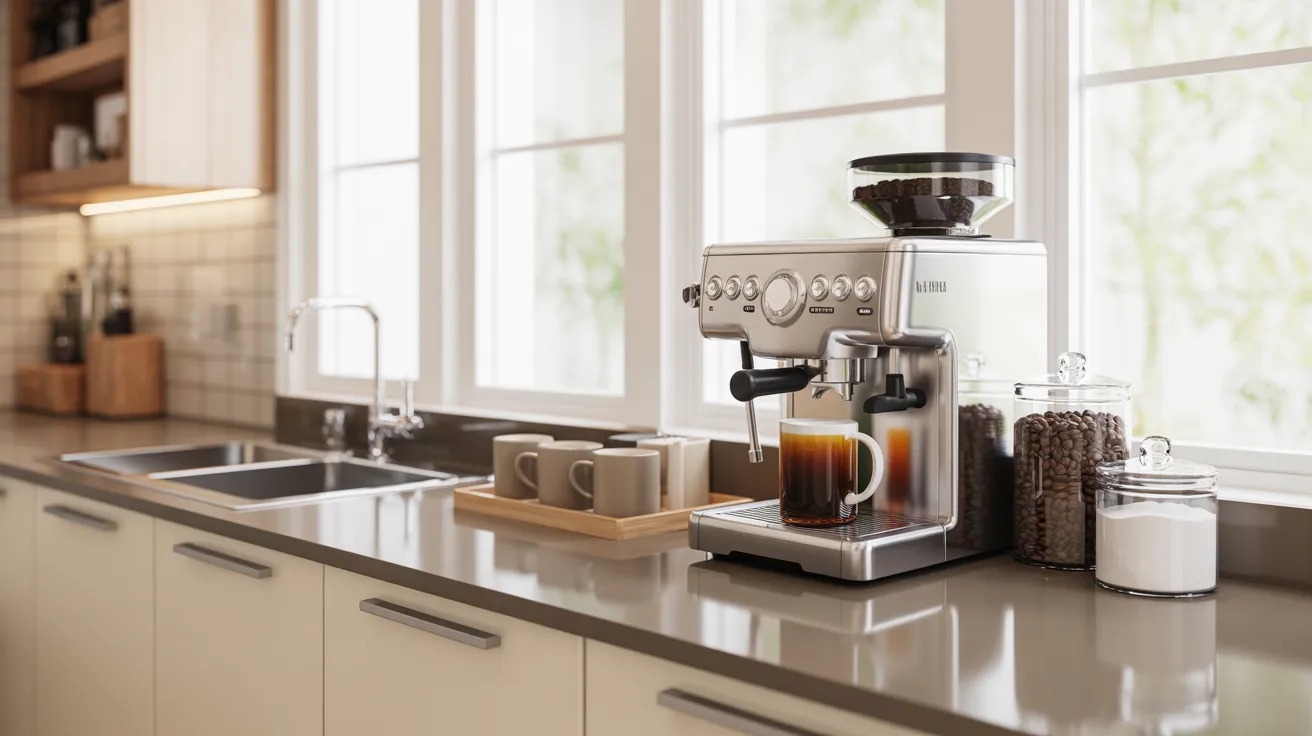A coffee maker positioned on a kitchen counter, surrounded by various kitchen utensils and decor.