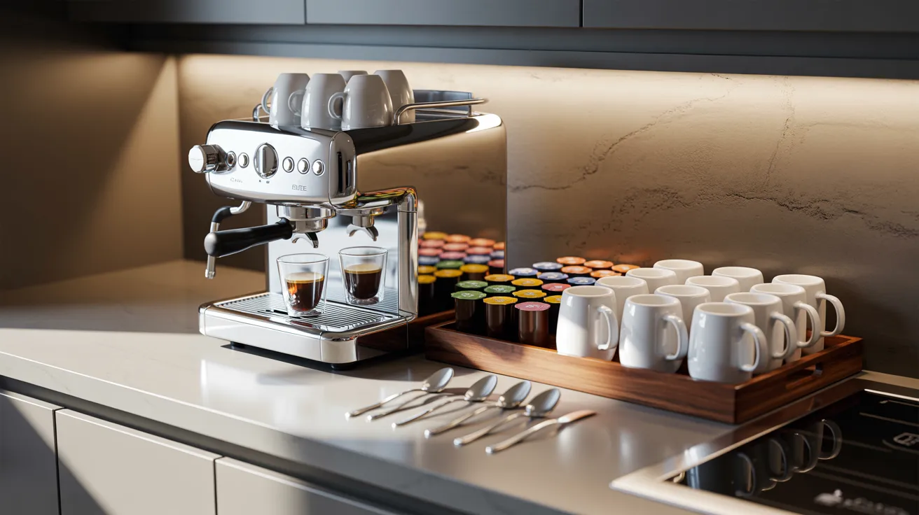 A sleek espresso machine brews two coffees in a modern kitchen. Mugs are stacked on top, with a tray of cups and colorful pods beside it, creating a cozy atmosphere.