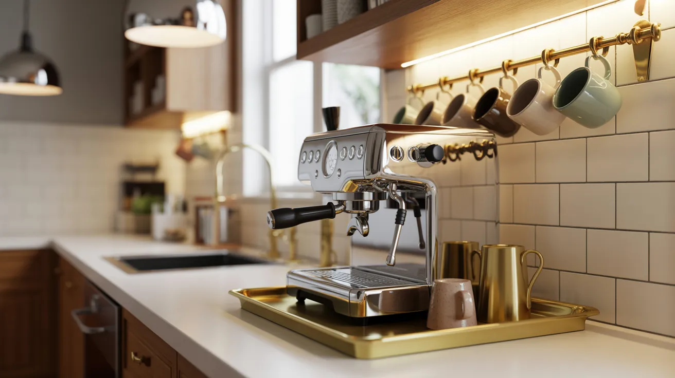 A coffee machine placed on a kitchen counter, surrounded by a tidy kitchen environment.