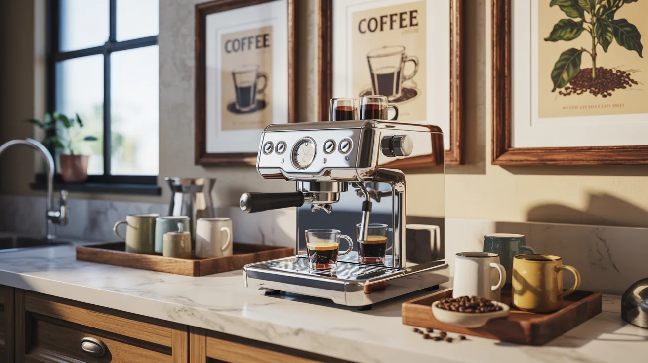 Coffee machine on kitchen counter surrounded by framed pictures of coffee cups and beans.