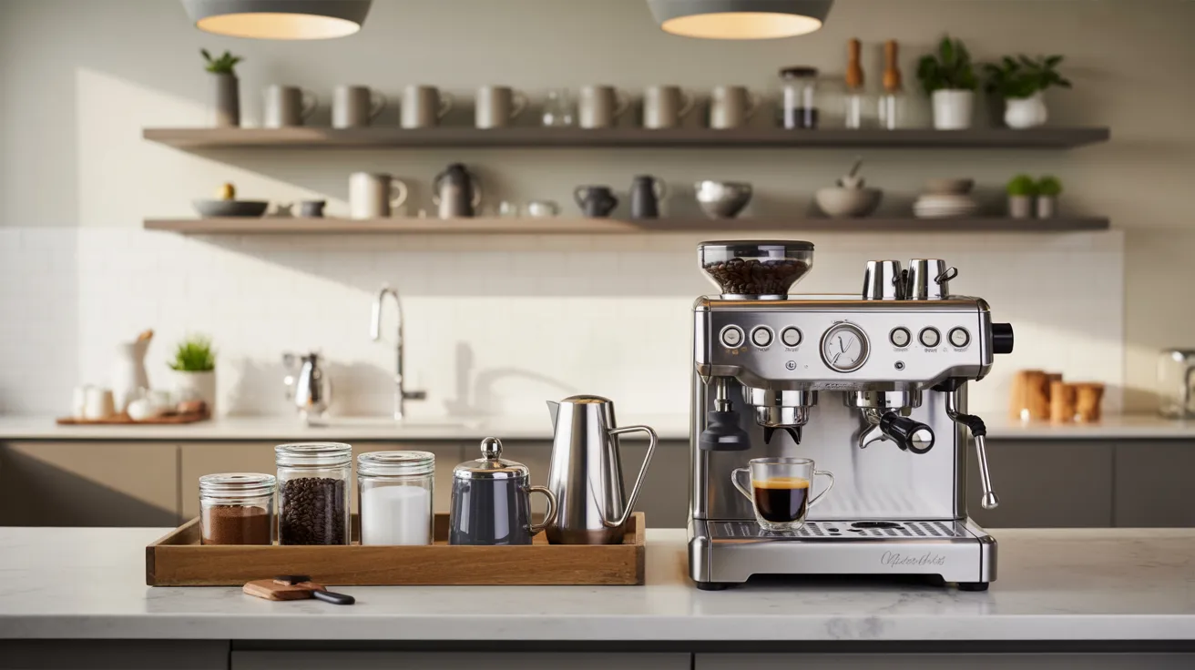 A sleek espresso machine on a modern kitchen counter, surrounded by jars of coffee beans and sugar, exudes a cozy, inviting atmosphere.