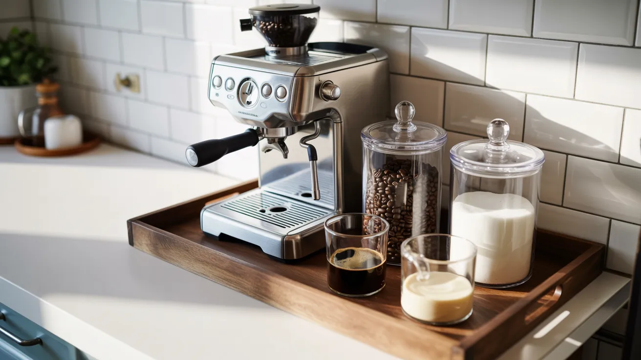 A sleek espresso machine sits on a wooden tray alongside glass jars of coffee beans and sugar, with two cups of coffee. A bright, cozy kitchen scene.