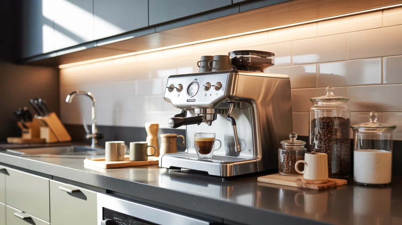 Sleek espresso machine on a modern kitchen counter with white tiles; surrounded by jars of coffee beans, sugar, and mugs, creating a cozy ambiance.