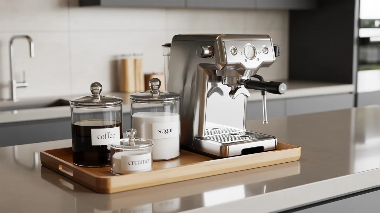 A sleek espresso machine is placed on a kitchen counter alongside jars labeled coffee, sugar, and creamer on a wooden tray. The setting is modern and orderly.