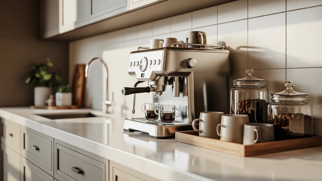 A countertop featuring a coffee maker and assorted kitchen utensils and appliances.
